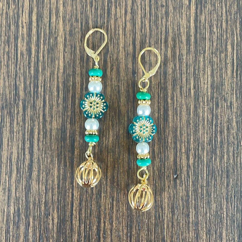 HAND CRAFTED BOHEMIAN EARRINGS White Pearls Czech Beads Turquoise